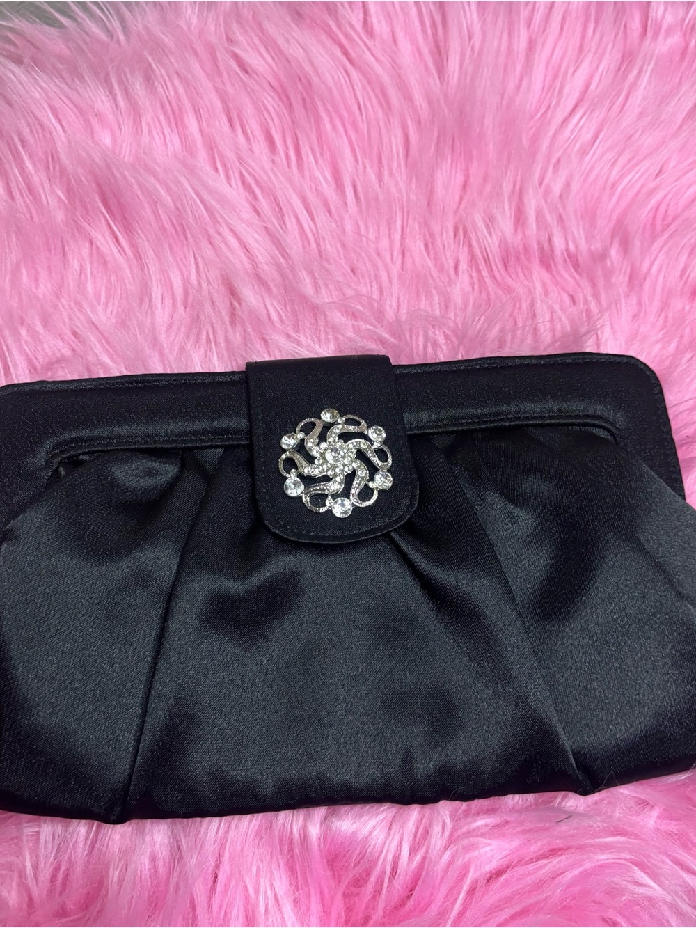 St. John Turner Black Satin Evening Clutch Rhinestone Chain Formal Purse